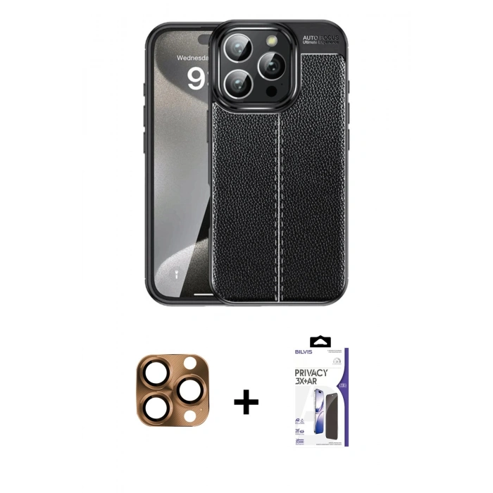 MARSİLYAN™- iPhone 16 Pro Max Kılıf Doruk Klasik Özel Seri - Siyah Bilvis 3X AR Hayalet Cam Ekran Koruyucu + Pers Alüminyum Kamera Lens - CLTM