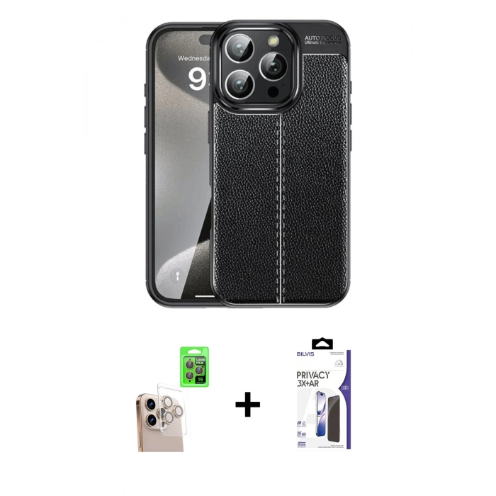 MARSİLYAN™- iPhone 16 Pro Max Kılıf Doruk Klasik Özel Seri - Siyah Bilvis 3X AR Hayalet Cam Ekran Koruyucu + Raze Metal Kamera Lens - NLGY
