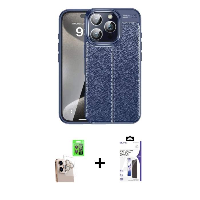 MARSİLYAN™- iPhone 16 Pro Max Kılıf Doruk Klasik Özel Seri - Siyah Bilvis 3X AR Hayalet Cam Ekran Koruyucu + Raze Metal Kamera Lens - NLGY