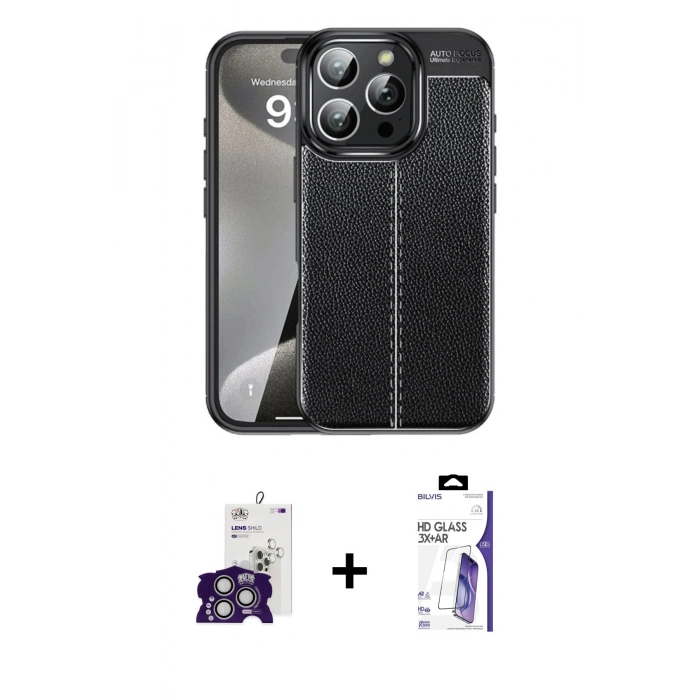 MARSİLYAN™- iPhone 16 Pro Max Kılıf Doruk Klasik Özel Seri - Siyah Bilvis 3X AR HD Cam Ekran Koruyucu + Bilvis Titan Kamera Lens - GS