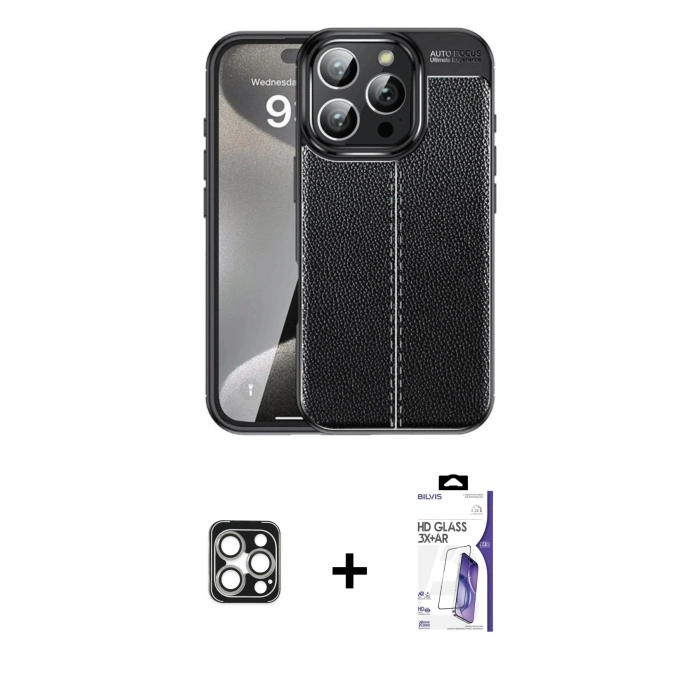 MARSİLYAN™- iPhone 16 Pro Max Kılıf Doruk Klasik Özel Seri - Siyah Bilvis 3X AR HD Cam Ekran Koruyucu + PVD Metal Kamera Lens - GS