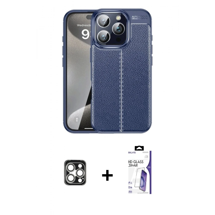 MARSİLYAN™- iPhone 16 Pro Max Kılıf Doruk Klasik Özel Seri - Siyah Bilvis 3X AR HD Cam Ekran Koruyucu + PVD Metal Kamera Lens - GS