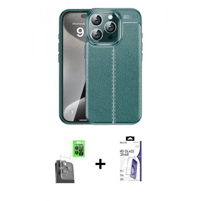 MARSİLYAN™- iPhone 16 Pro Max Kılıf Doruk Klasik Özel Seri - Siyah Bilvis 3X AR HD Cam Ekran Koruyucu + Raze Metal Kamera Lens - SH