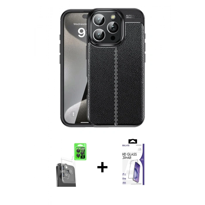 MARSİLYAN™- iPhone 16 Pro Max Kılıf Doruk Klasik Özel Seri - Siyah Bilvis 3X AR HD Cam Ekran Koruyucu + Raze Metal Kamera Lens - SH