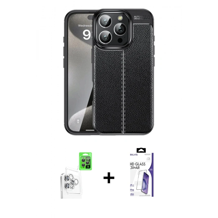 MARSİLYAN™- iPhone 16 Pro Max Kılıf Doruk Klasik Özel Seri - Siyah Bilvis 3X AR HD Cam Ekran Koruyucu + Raze Metal Kamera Lens - BZ