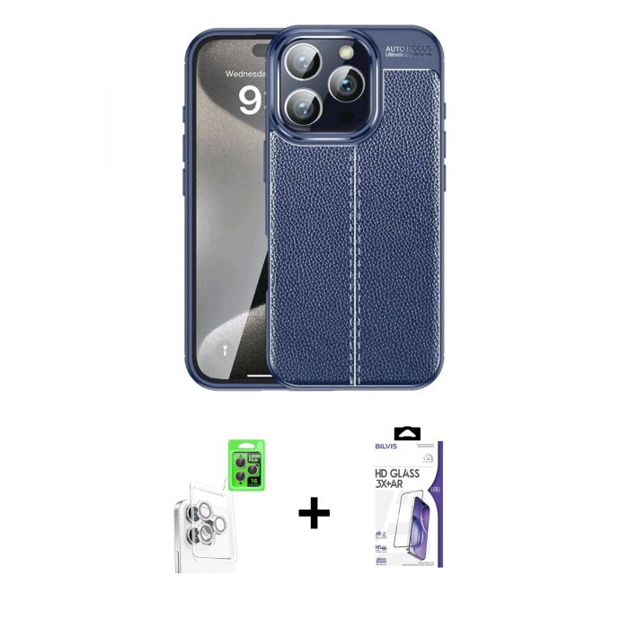 MARSİLYAN™- iPhone 16 Pro Max Kılıf Doruk Klasik Özel Seri - Siyah Bilvis 3X AR HD Cam Ekran Koruyucu + Raze Metal Kamera Lens - BZ