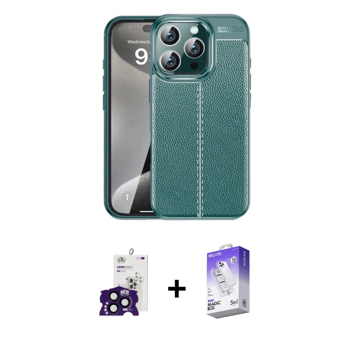 MARSİLYAN™- iPhone 16 Pro Max Kılıf Doruk Klasik Özel Seri - Siyah Bilvis 5in1 3D Magic Cam Ekran Koruyucu + Bilvis Titan Kamera Lens - SH