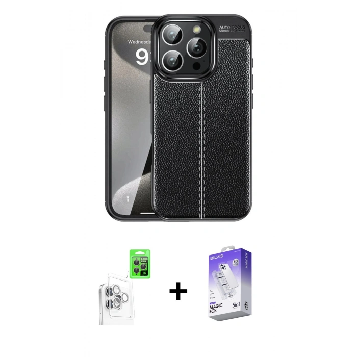 MARSİLYAN™- iPhone 16 Pro Max Kılıf Doruk Klasik Özel Seri - Siyah Bilvis 5in1 3D Magic Cam Ekran Koruyucu + Raze Metal Kamera Lens - BZ