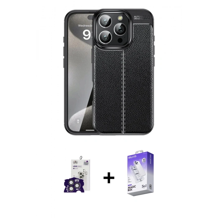 MARSİLYAN™- iPhone 16 Pro Max Kılıf Doruk Klasik Özel Seri - Siyah Bilvis 5in1 3D Magic Cam Ekran Koruyucu + Bilvis Titan Kamera Lens - TMGI