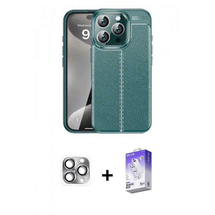 MARSİLYAN™- iPhone 16 Pro Max Kılıf Doruk Klasik Özel Seri - Siyah Bilvis 5in1 3D Magic Cam Ekran Koruyucu + Pers Alüminyum Kamera Lens - GI