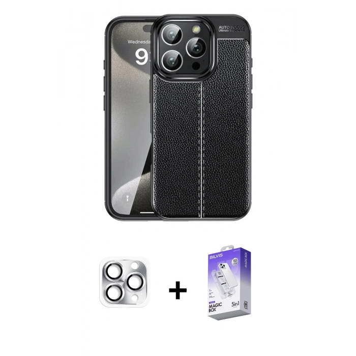 MARSİLYAN™- iPhone 16 Pro Max Kılıf Doruk Klasik Özel Seri - Siyah Bilvis 5in1 3D Magic Cam Ekran Koruyucu + Pers Alüminyum Kamera Lens - GS