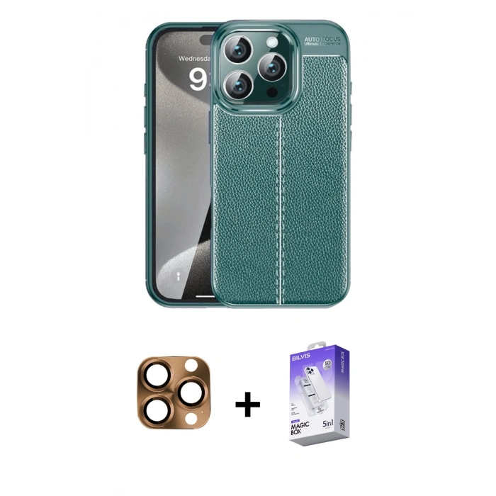 MARSİLYAN™- iPhone 16 Pro Max Kılıf Doruk Klasik Özel Seri - Siyah Bilvis 5in1 3D Magic Cam Ekran Koruyucu + Pers Alüminyum Kamera Lens - CLTM