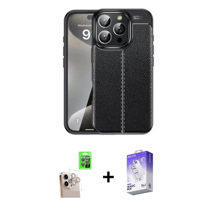 MARSİLYAN™- iPhone 16 Pro Max Kılıf Doruk Klasik Özel Seri - Siyah Bilvis 5in1 3D Magic Cam Ekran Koruyucu + Raze Metal Kamera Lens - NLGY