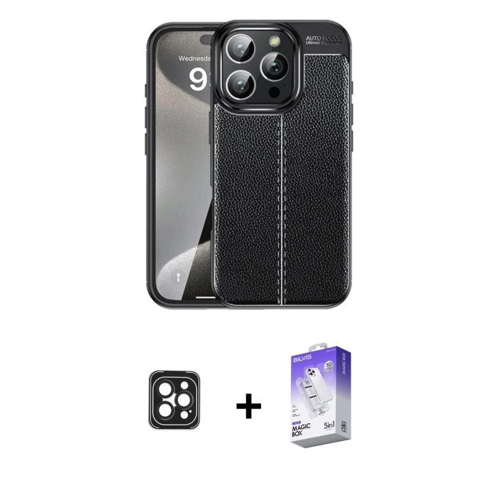 MARSİLYAN™- iPhone 16 Pro Max Kılıf Doruk Klasik Özel Seri - Siyah Bilvis 5in1 3D Magic Cam Ekran Koruyucu + PVD Metal Kamera Lens - SH