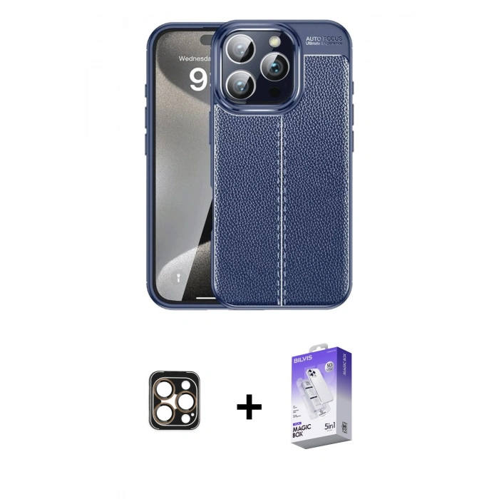MARSİLYAN™- iPhone 16 Pro Max Kılıf Doruk Klasik Özel Seri - Siyah Bilvis 5in1 3D Magic Cam Ekran Koruyucu + Gold PVD Metal Kamera Lens