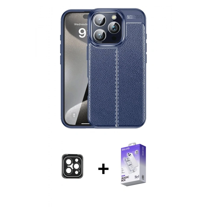 MARSİLYAN™- iPhone 16 Pro Max Kılıf Doruk Klasik Özel Seri - Siyah Bilvis 5in1 3D Magic Cam Ekran Koruyucu + PVD Metal Kamera Lens - SH