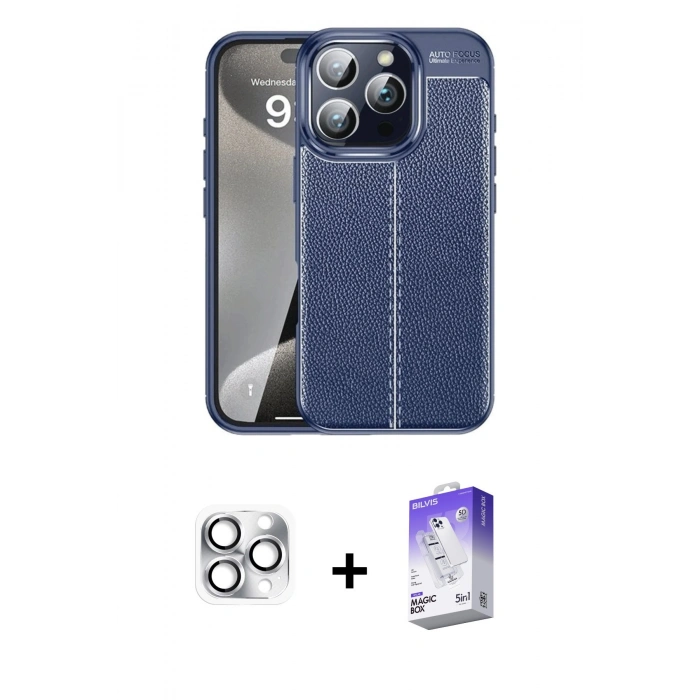 MARSİLYAN™- iPhone 16 Pro Max Kılıf Doruk Klasik Özel Seri - Siyah Bilvis 5in1 3D Magic Cam Ekran Koruyucu + Pers Alüminyum Kamera Lens - GS