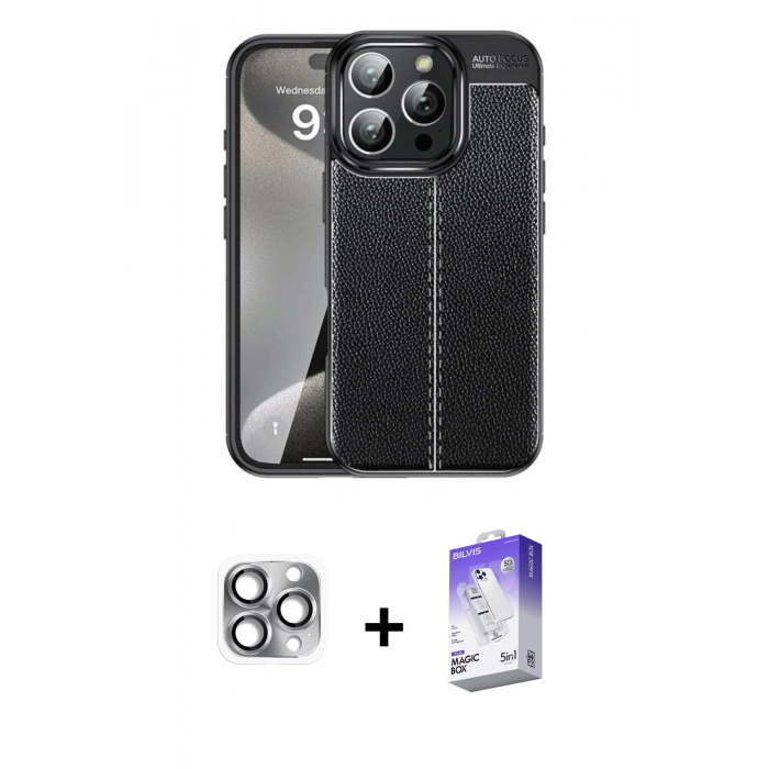 MARSİLYAN™- iPhone 16 Pro Max Kılıf Doruk Klasik Özel Seri - Siyah Bilvis 5in1 3D Magic Cam Ekran Koruyucu + Pers Alüminyum Kamera Lens - GI