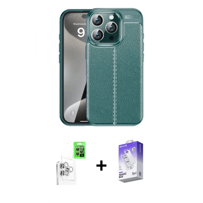 MARSİLYAN™- iPhone 16 Pro Max Kılıf Doruk Klasik Özel Seri - Siyah Bilvis 5in1 3D Magic Cam Ekran Koruyucu + Raze Metal Kamera Lens - BZ