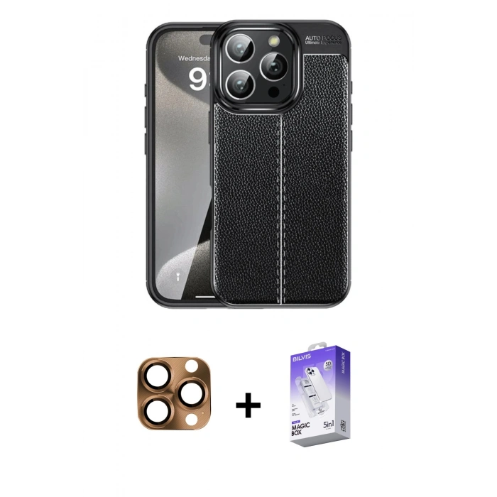 MARSİLYAN™- iPhone 16 Pro Max Kılıf Doruk Klasik Özel Seri - Siyah Bilvis 5in1 3D Magic Cam Ekran Koruyucu + Pers Alüminyum Kamera Lens - CLTM