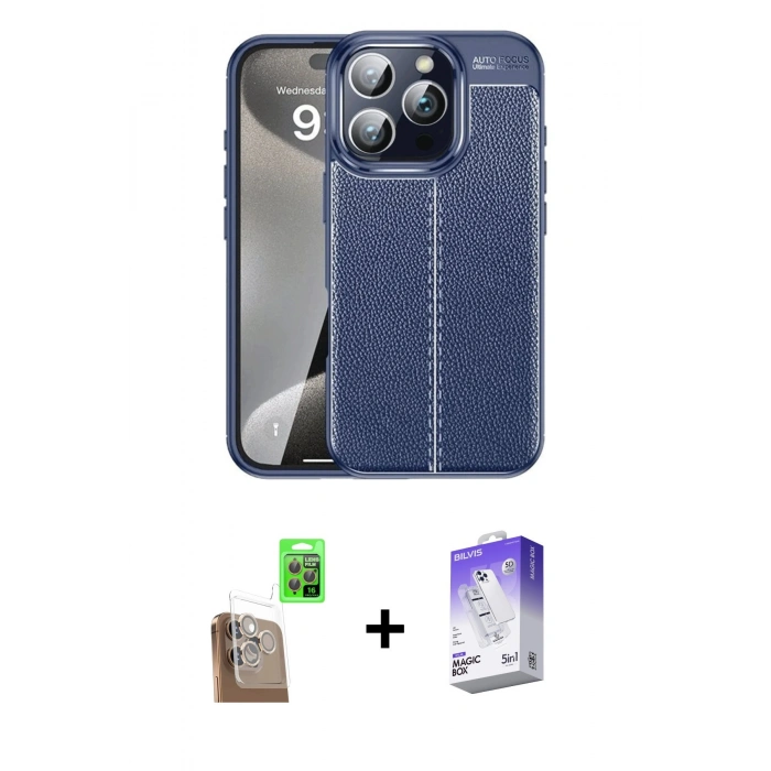 MARSİLYAN™- iPhone 16 Pro Max Kılıf Doruk Klasik Özel Seri - Siyah Bilvis 5in1 3D Magic Cam Ekran Koruyucu + Raze Metal Kamera Lens - CLTM