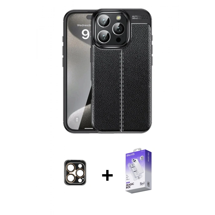 MARSİLYAN™- iPhone 16 Pro Max Kılıf Doruk Klasik Özel Seri - Siyah Bilvis 5in1 3D Magic Cam Ekran Koruyucu + Gold PVD Metal Kamera Lens