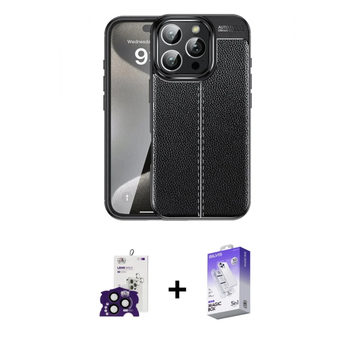MARSİLYAN™- iPhone 16 Pro Max Kılıf Doruk Klasik Özel Seri - Siyah Bilvis 5in1 3D Magic Cam Ekran Koruyucu + Bilvis Titan Kamera Lens - SH