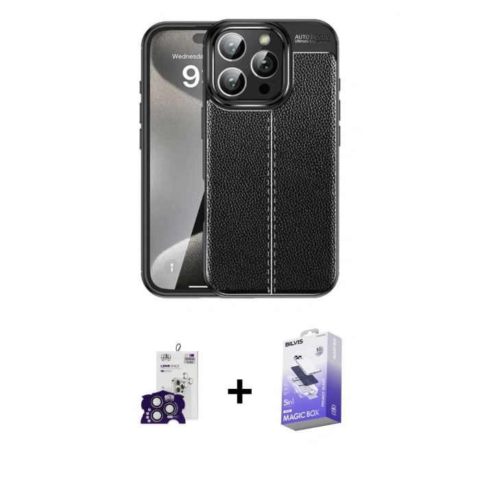MARSİLYAN™- iPhone 16 Pro Max Kılıf Doruk Klasik Özel Seri - Siyah Bilvis 5in1 5D Magic Hayalet Cam Ekran Koruyucu + Bilvis Titan Kamera Lens - TMGI