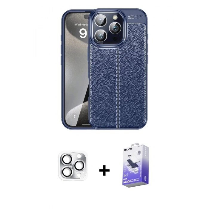 MARSİLYAN™- iPhone 16 Pro Max Kılıf Doruk Klasik Özel Seri - Siyah Bilvis 5in1 5D Magic Hayalet Cam Ekran Koruyucu + Pers Alüminyum Kamera Lens - GS
