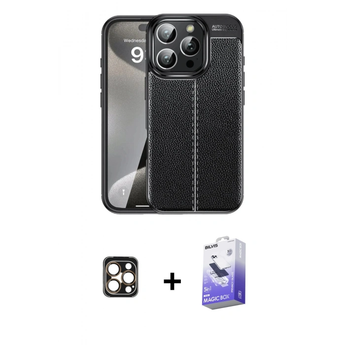 MARSİLYAN™- iPhone 16 Pro Max Kılıf Doruk Klasik Özel Seri - Siyah Bilvis 5in1 5D Magic Hayalet Cam Ekran Koruyucu + PVD Metal Kamera Lens - GD