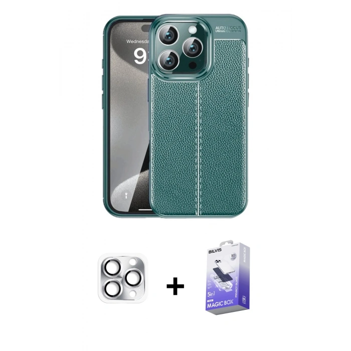MARSİLYAN™- iPhone 16 Pro Max Kılıf Doruk Klasik Özel Seri - Siyah Bilvis 5in1 5D Magic Hayalet Cam Ekran Koruyucu + Pers Alüminyum Kamera Lens - GS