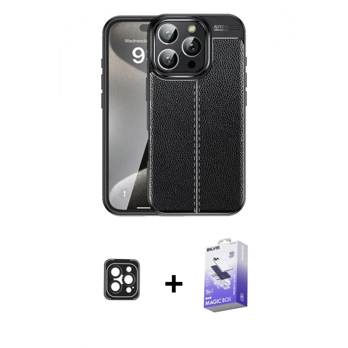 MARSİLYAN™- iPhone 16 Pro Max Kılıf Doruk Klasik Özel Seri - Siyah Bilvis 5in1 5D Magic Hayalet Cam Ekran Koruyucu + PVD Metal Kamera Lens - SH