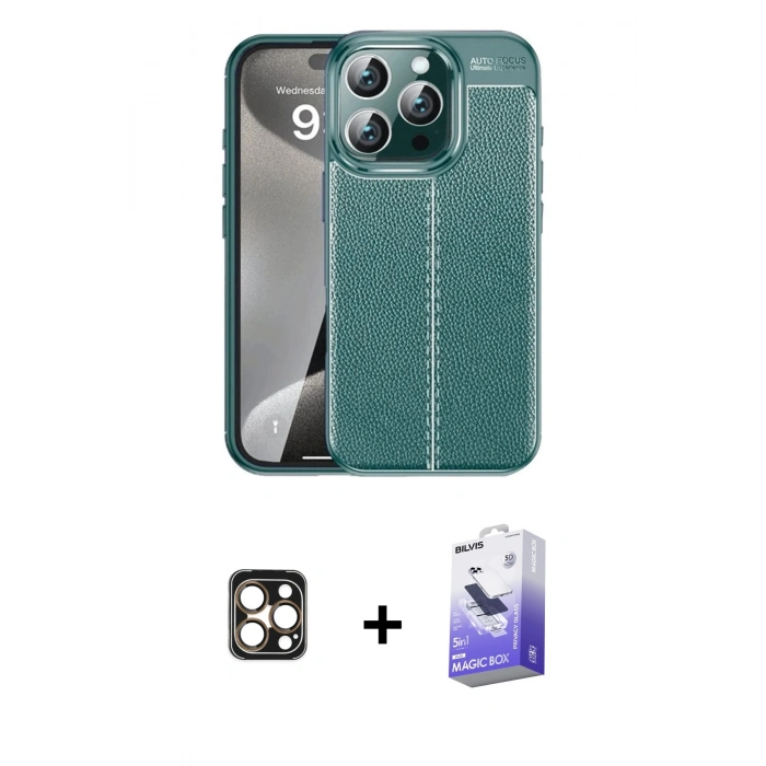 MARSİLYAN™- iPhone 16 Pro Max Kılıf Doruk Klasik Özel Seri - Siyah Bilvis 5in1 5D Magic Hayalet Cam Ekran Koruyucu + PVD Metal Kamera Lens - GD