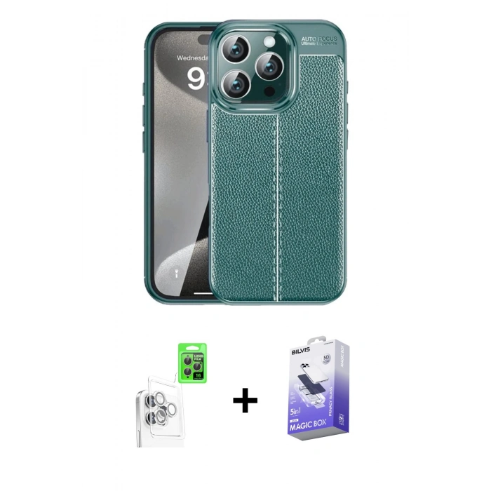 MARSİLYAN™- iPhone 16 Pro Max Kılıf Doruk Klasik Özel Seri - Siyah Bilvis 5in1 5D Magic Hayalet Cam Ekran Koruyucu + Raze Metal Kamera Lens - BZ