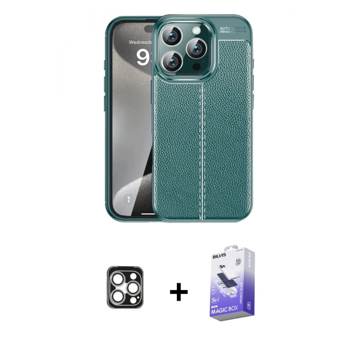 MARSİLYAN™- iPhone 16 Pro Max Kılıf Doruk Klasik Özel Seri - Siyah Bilvis 5in1 5D Magic Hayalet Cam Ekran Koruyucu + PVD Metal Kamera Lens - GS
