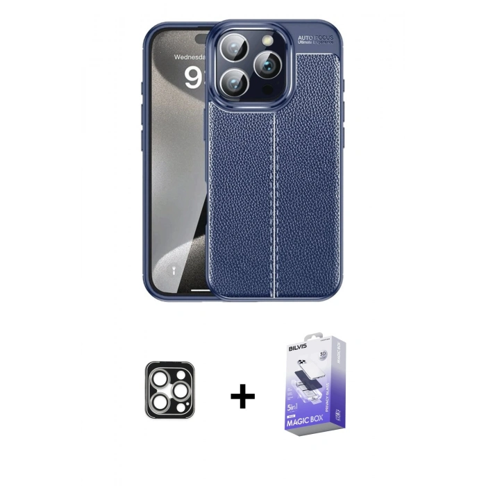 MARSİLYAN™- iPhone 16 Pro Max Kılıf Doruk Klasik Özel Seri - Siyah Bilvis 5in1 5D Magic Hayalet Cam Ekran Koruyucu + PVD Metal Kamera Lens - GS