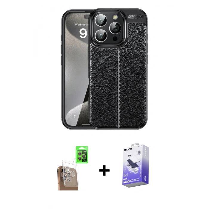 MARSİLYAN™- iPhone 16 Pro Max Kılıf Doruk Klasik Özel Seri - Siyah Bilvis 5in1 5D Magic Hayalet Cam Ekran Koruyucu + Raze Metal Kamera Lens - CLTM