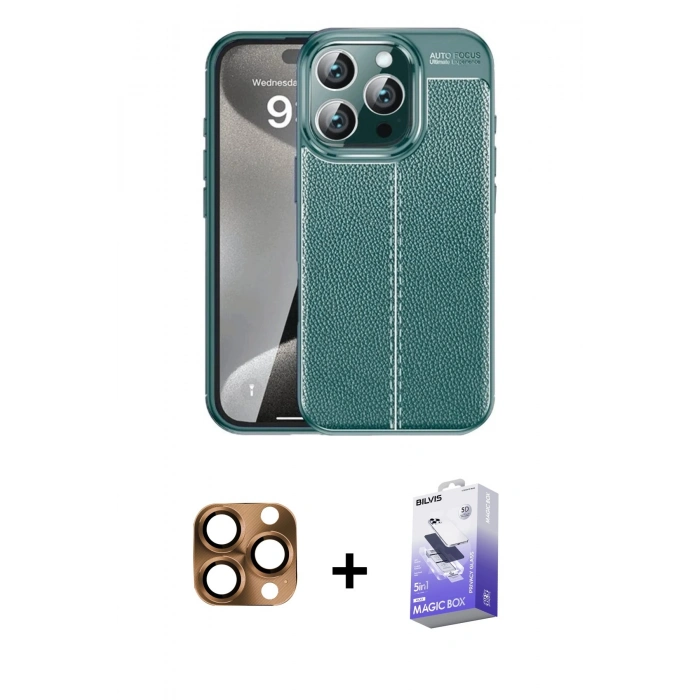 MARSİLYAN™- iPhone 16 Pro Max Kılıf Doruk Klasik Özel Seri - Siyah Bilvis 5in1 5D Magic Hayalet Cam Ekran Koruyucu + Pers Alüminyum Kamera Lens - CLTM