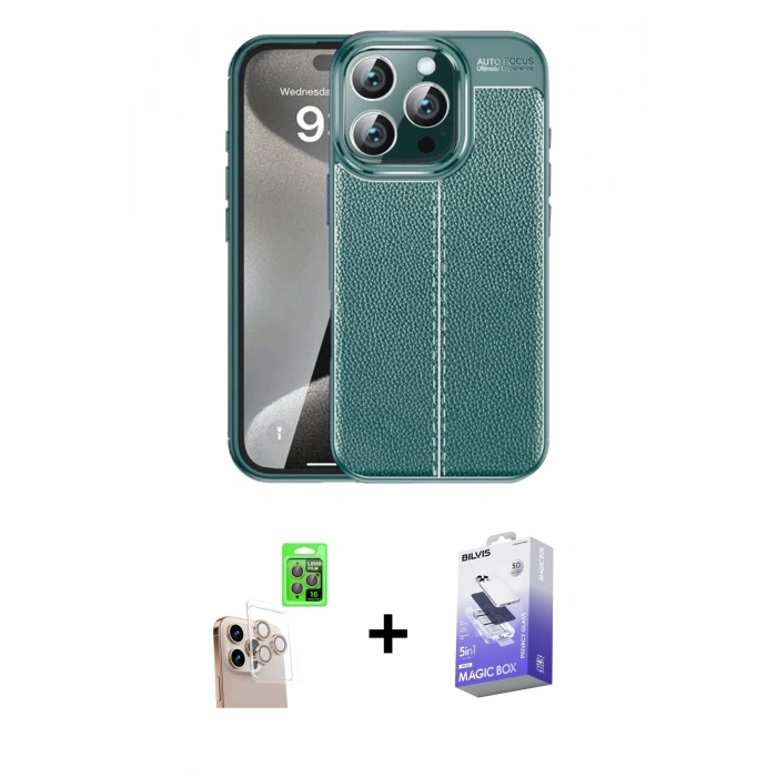MARSİLYAN™- iPhone 16 Pro Max Kılıf Doruk Klasik Özel Seri - Siyah Bilvis 5in1 5D Magic Hayalet Cam Ekran Koruyucu + Raze Metal Kamera Lens - NLGY