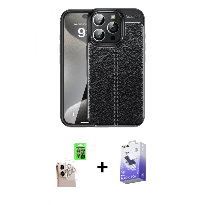 MARSİLYAN™- iPhone 16 Pro Max Kılıf Doruk Klasik Özel Seri - Siyah Bilvis 5in1 5D Magic Hayalet Cam Ekran Koruyucu + Raze Metal Kamera Lens - NLGY