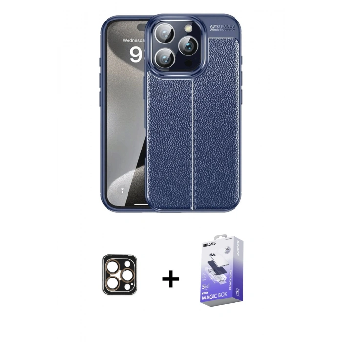 MARSİLYAN™- iPhone 16 Pro Max Kılıf Doruk Klasik Özel Seri - Siyah Bilvis 5in1 5D Magic Hayalet Cam Ekran Koruyucu + PVD Metal Kamera Lens - GD