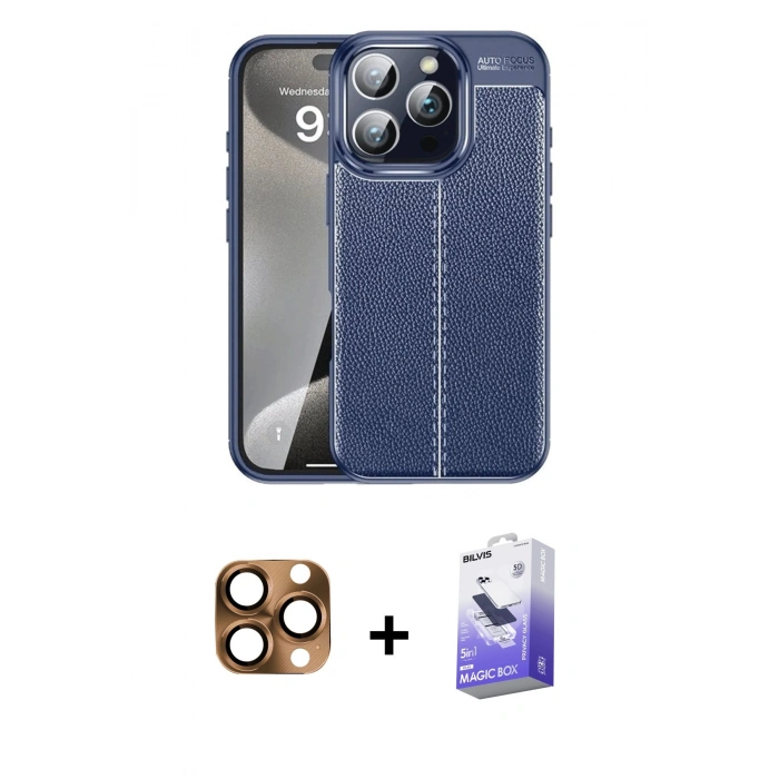 MARSİLYAN™- iPhone 16 Pro Max Kılıf Doruk Klasik Özel Seri - Siyah Bilvis 5in1 5D Magic Hayalet Cam Ekran Koruyucu + Pers Alüminyum Kamera Lens - CLTM