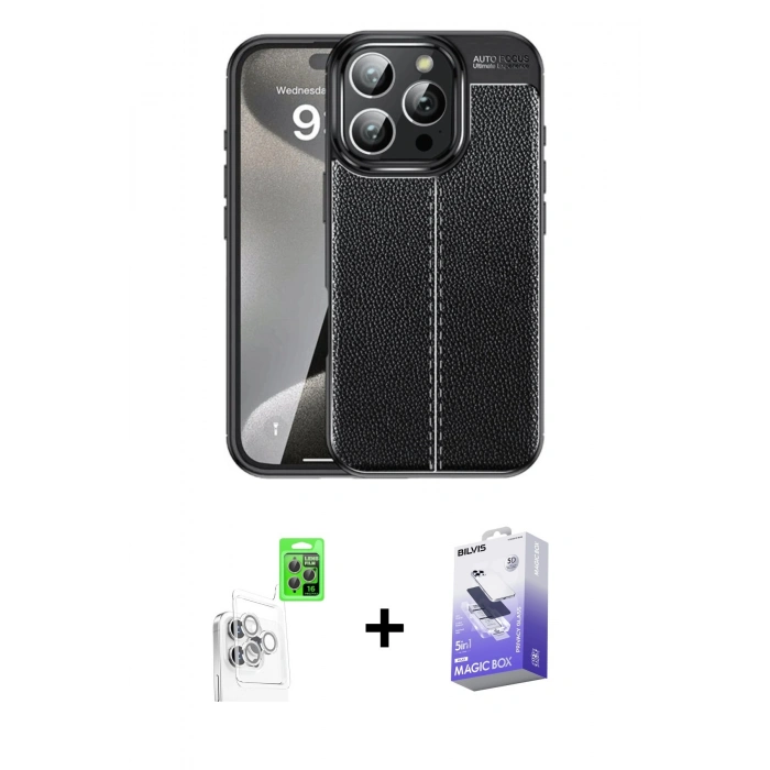 MARSİLYAN™- iPhone 16 Pro Max Kılıf Doruk Klasik Özel Seri - Siyah Bilvis 5in1 5D Magic Hayalet Cam Ekran Koruyucu + Raze Metal Kamera Lens - BZ
