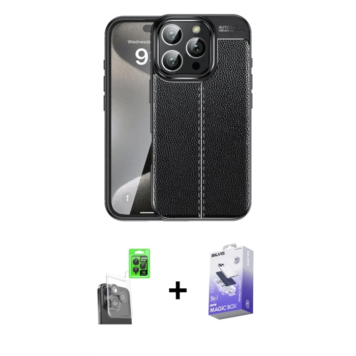 MARSİLYAN™- iPhone 16 Pro Max Kılıf Doruk Klasik Özel Seri - Siyah Bilvis 5in1 5D Magic Hayalet Cam Ekran Koruyucu + Raze Metal Kamera Lens - SH