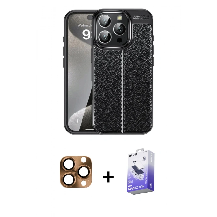 MARSİLYAN™- iPhone 16 Pro Max Kılıf Doruk Klasik Özel Seri - Siyah Bilvis 5in1 5D Magic Hayalet Cam Ekran Koruyucu + Pers Alüminyum Kamera Lens - CLTM