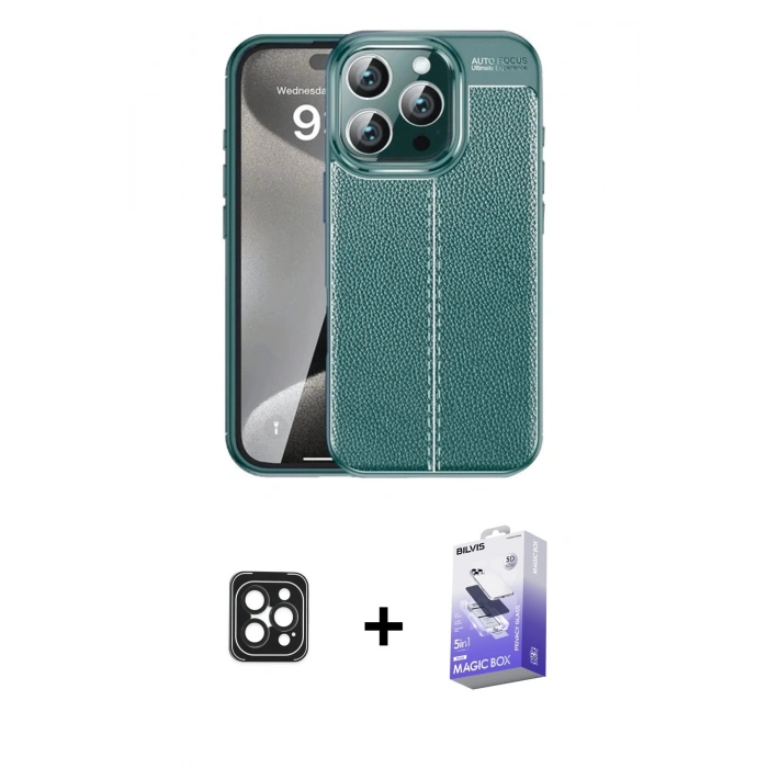 MARSİLYAN™- iPhone 16 Pro Max Kılıf Doruk Klasik Özel Seri - Siyah Bilvis 5in1 5D Magic Hayalet Cam Ekran Koruyucu + PVD Metal Kamera Lens - SH