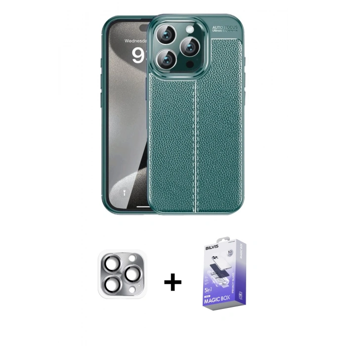MARSİLYAN™- iPhone 16 Pro Max Kılıf Doruk Klasik Özel Seri - Siyah Bilvis 5in1 5D Magic Hayalet Cam Ekran Koruyucu + Pers Alüminyum Kamera Lens - GI