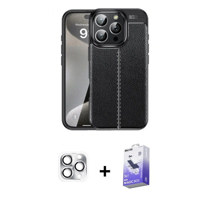 MARSİLYAN™- iPhone 16 Pro Max Kılıf Doruk Klasik Özel Seri - Siyah Bilvis 5in1 5D Magic Hayalet Cam Ekran Koruyucu + Pers Alüminyum Kamera Lens - GS