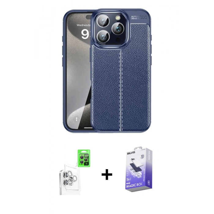 MARSİLYAN™- iPhone 16 Pro Max Kılıf Doruk Klasik Özel Seri - Siyah Bilvis 5in1 5D Magic Hayalet Cam Ekran Koruyucu + Raze Metal Kamera Lens - BZ