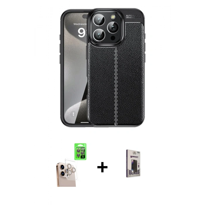 MARSİLYAN™- iPhone 16 Pro Max Kılıf Doruk Klasik Özel Seri - Siyah Bilvis Hayalet Cam Ekran Koruyucu + Raze Metal Kamera Lens - NLGY
